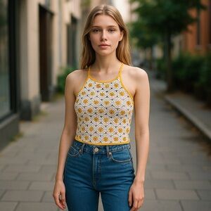 Forever 21 Yellow Sunflower Cropped Backless Knit Halter Top